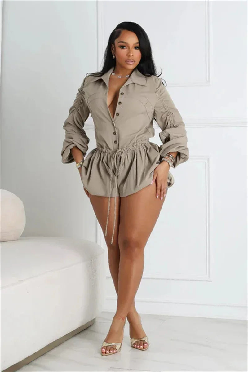 Turn-down Collar Drawstring jumpsuit