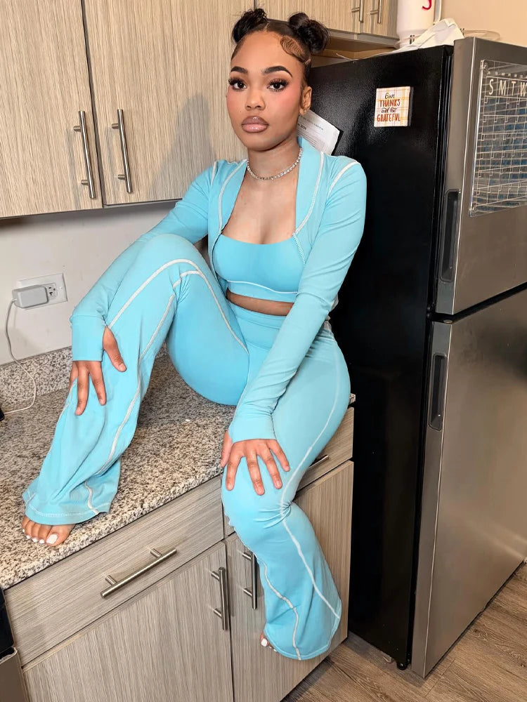 Crop Top And Flare Pants With Jacket Set