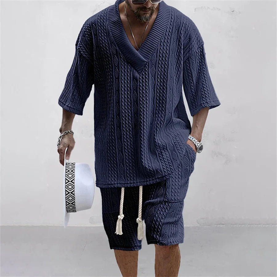 Men's V-neck Short Sleeve T-shirt and Shorts Set