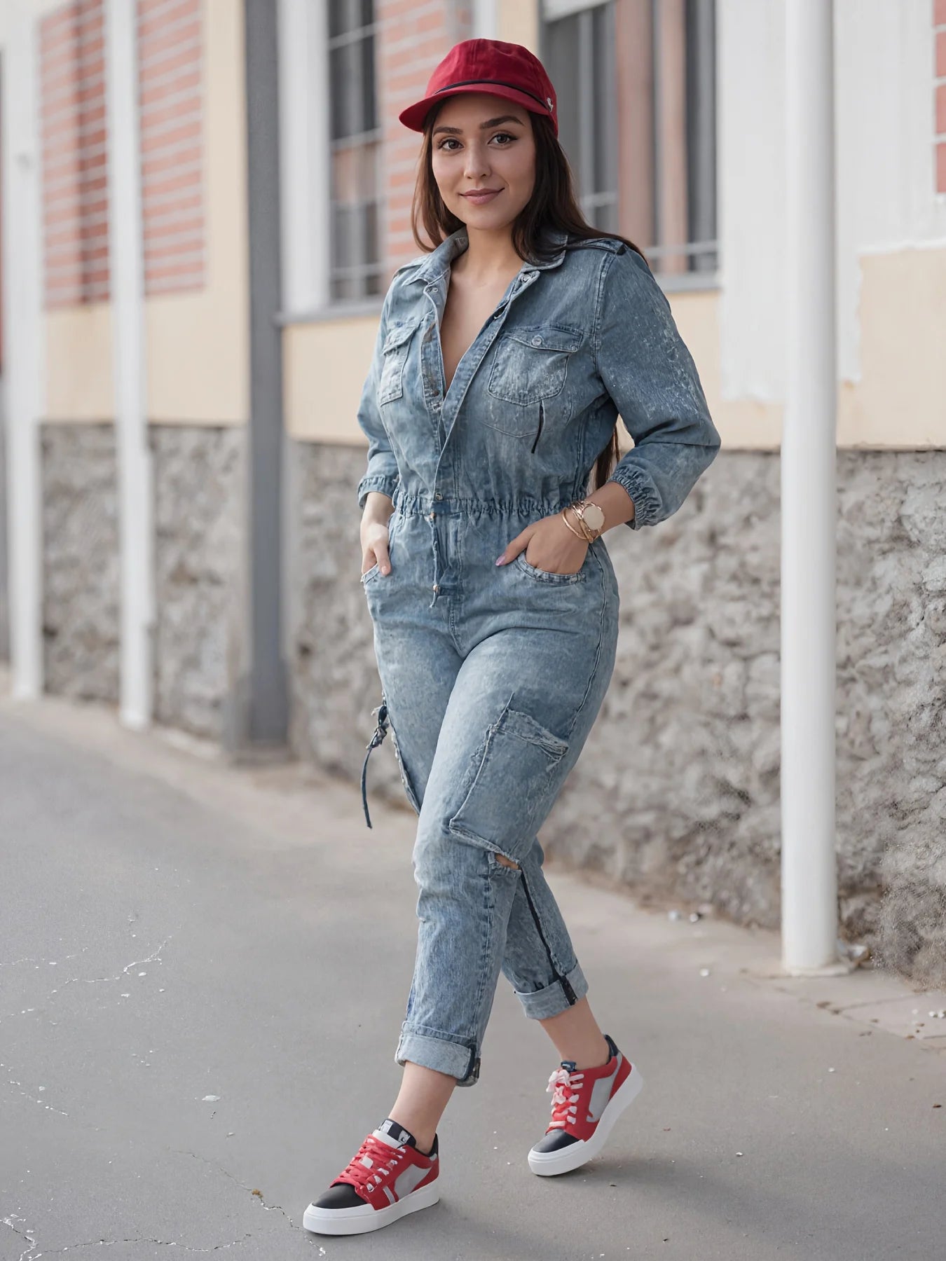 Slim fit washed long sleeved jumpsuit