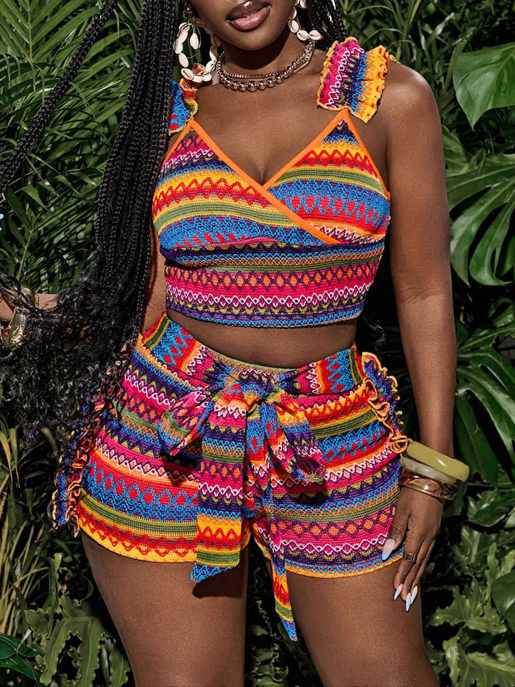 Colorful Tank Top and Belted Shorts Set