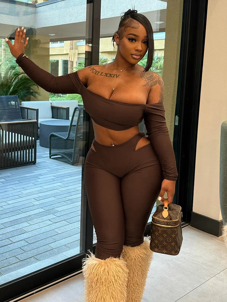 Slash Neck Crop Tops+High-Waist Leggings