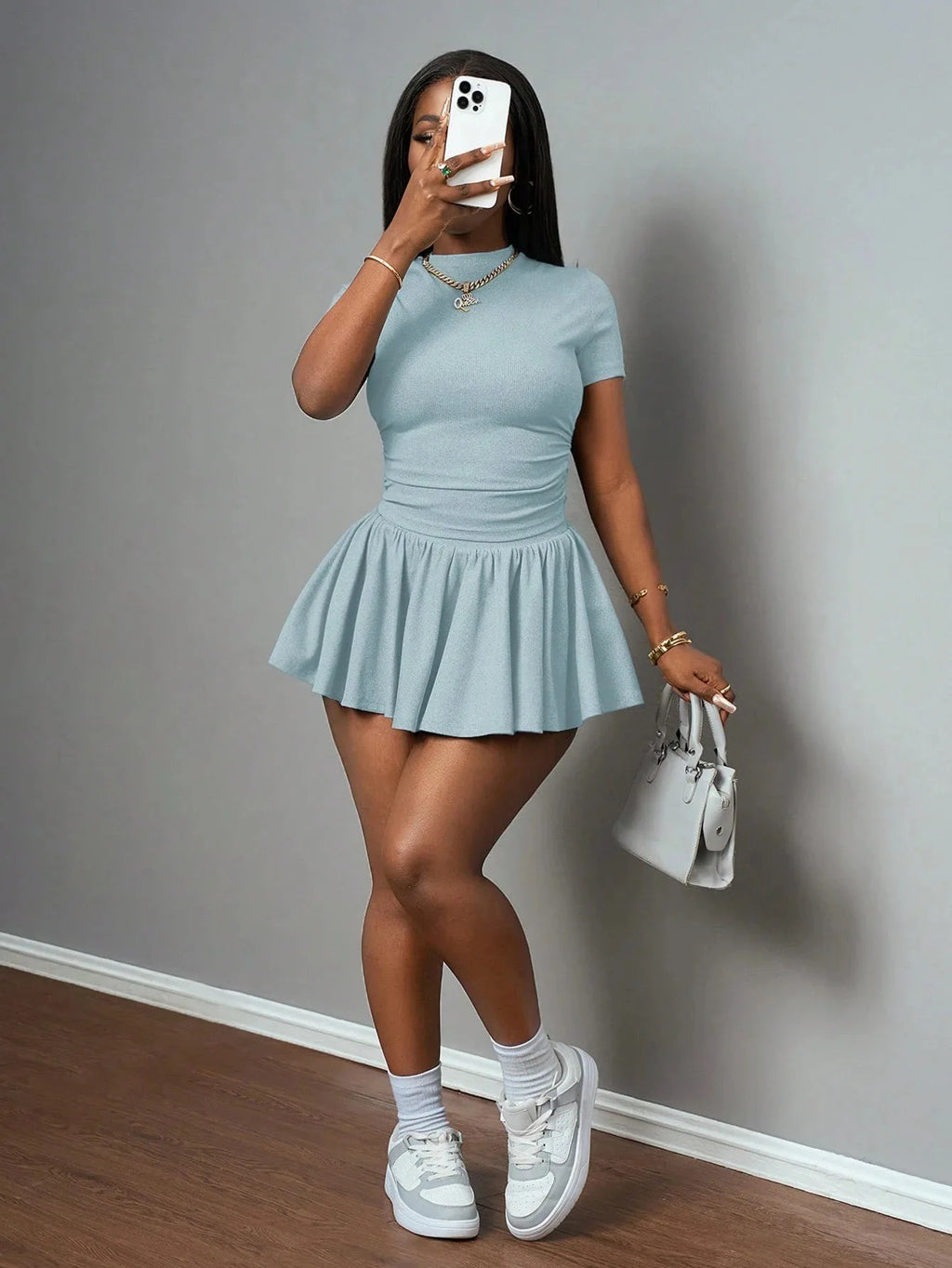Ribbing Pleated Skirt Set