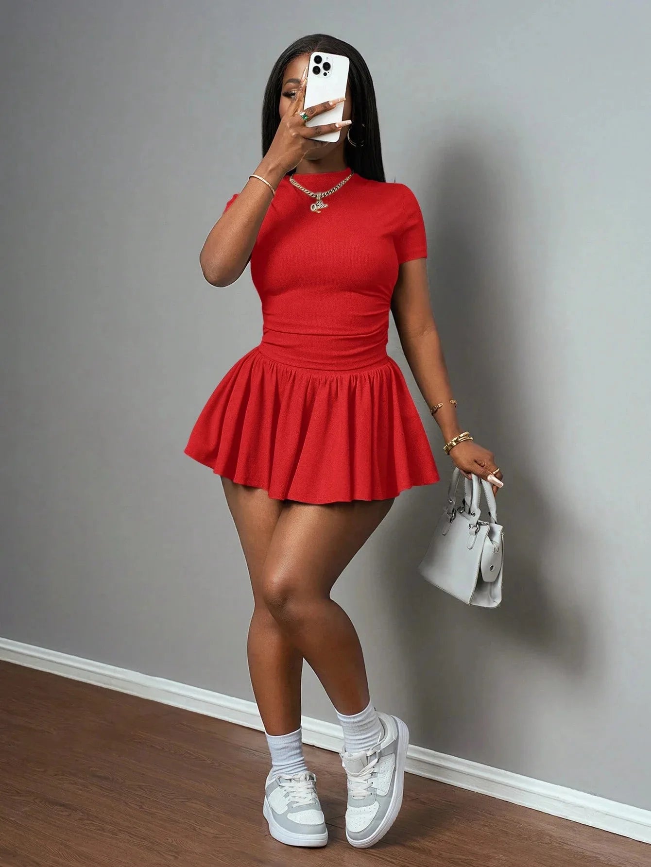 Ribbing Pleated Skirt Set