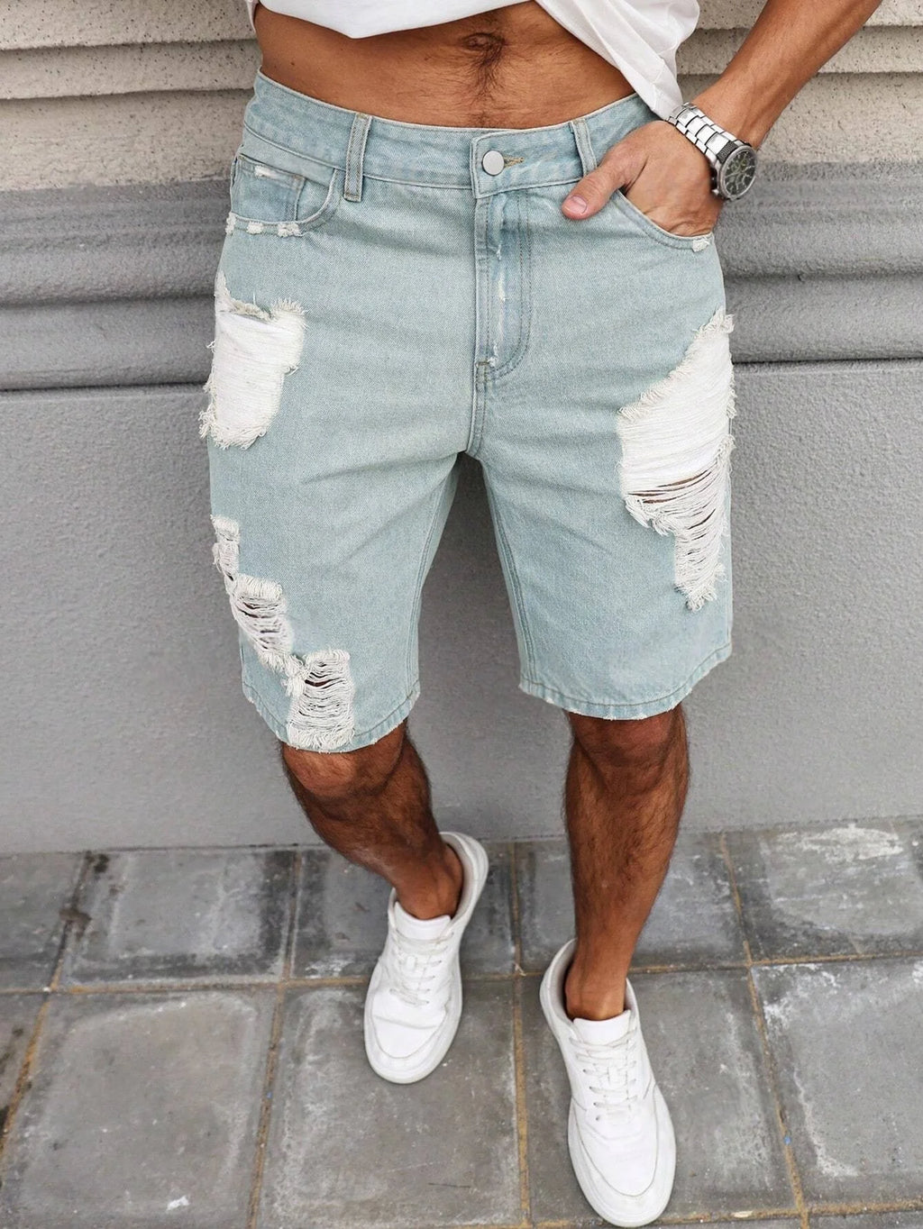 Men's Light Blue Ripped Denim Shorts