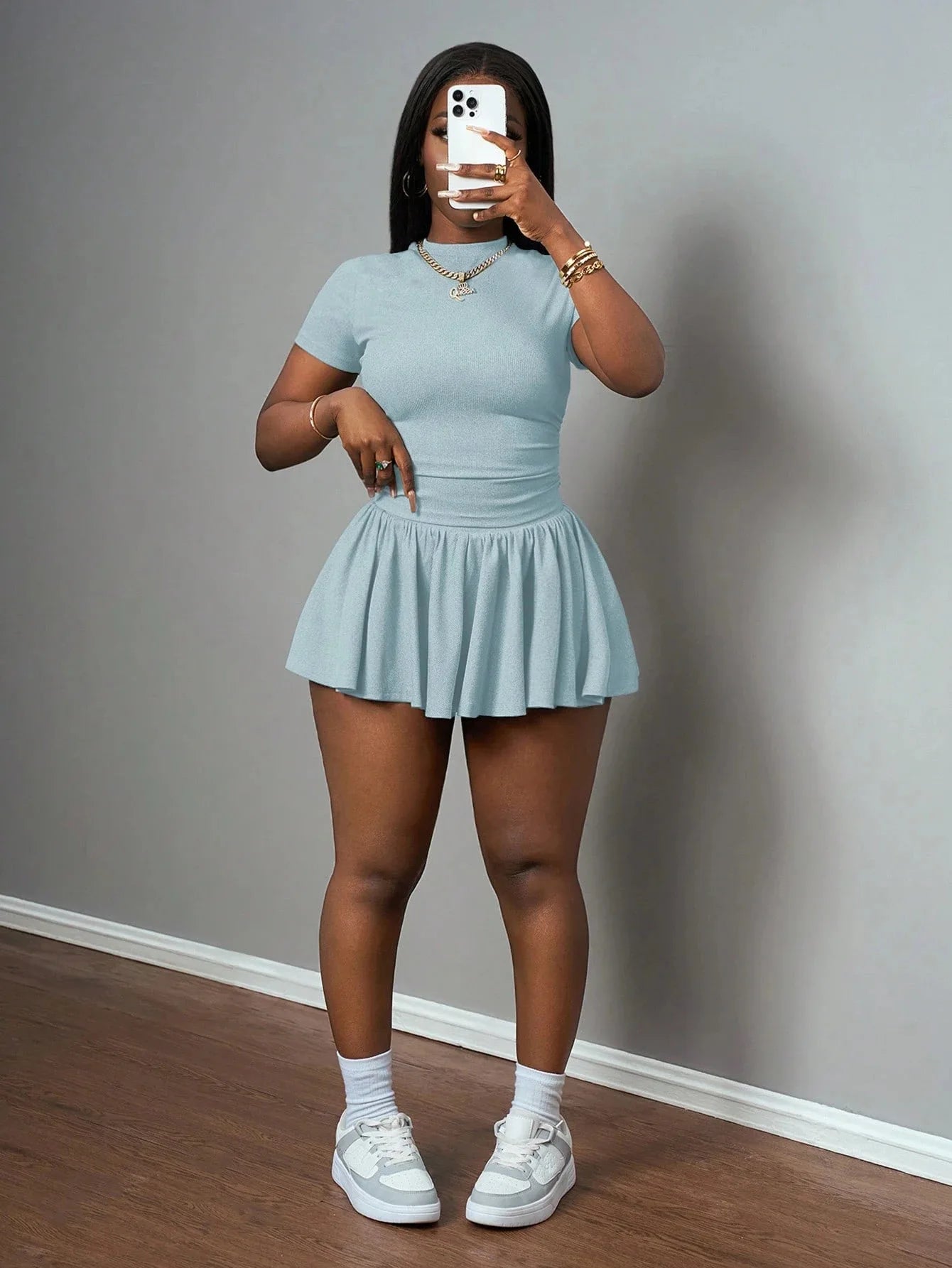 Ribbing Pleated Skirt Set