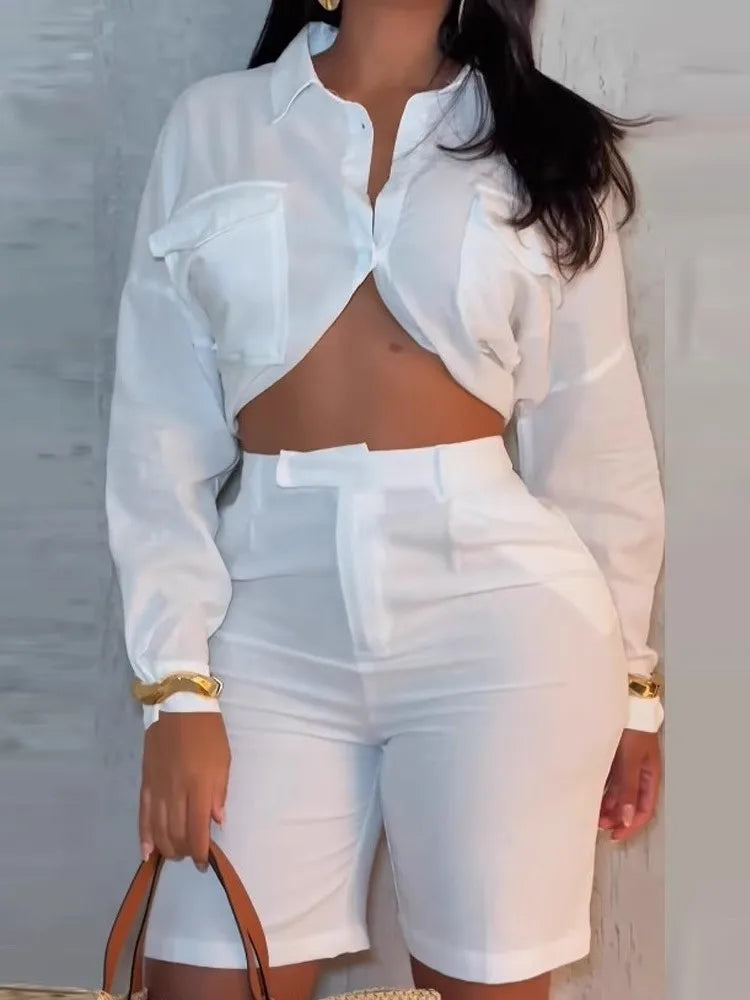 White Long Sleeves Exposed Waist Shirt & High Waist Shorts Suit