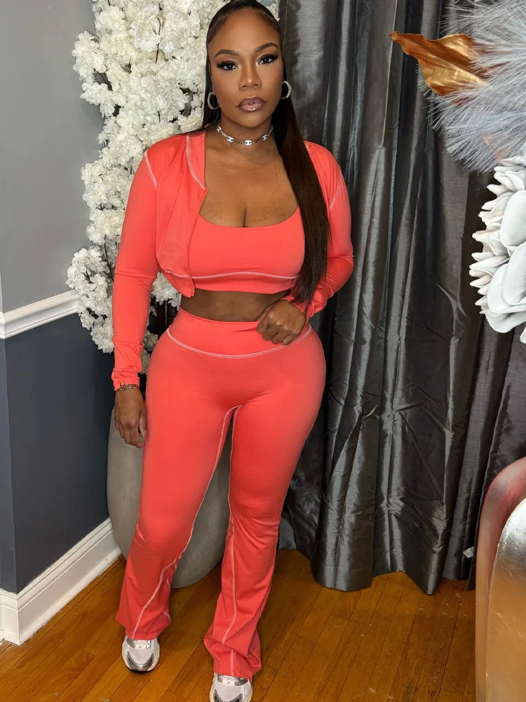 Crop Top And Flare Pants With Jacket Set