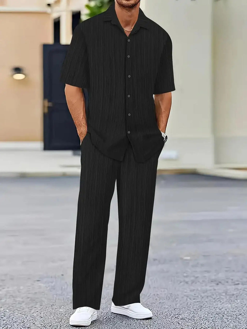 men's short-sleeved cardigan shirt and pants casual suit