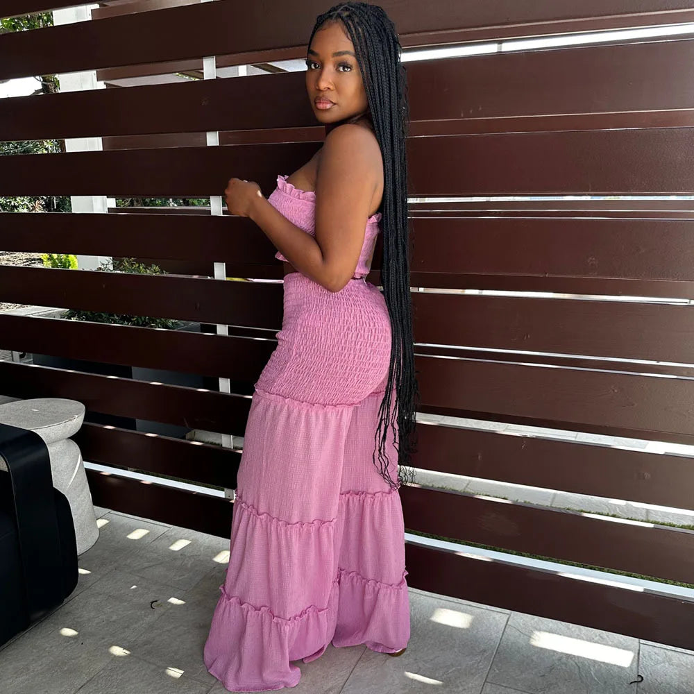 Ruffled Strapless Crop Top Wide Leg Pants Suit