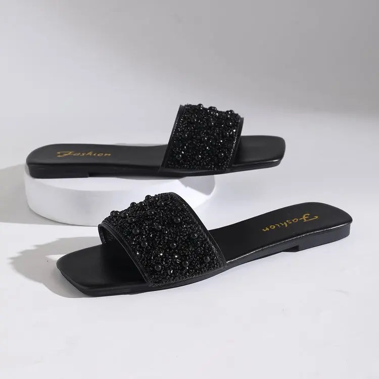 Women's Black Flat Slides