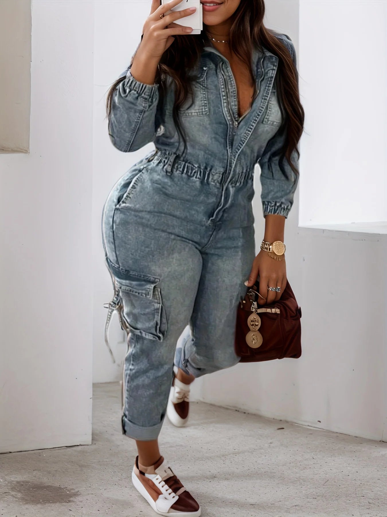 Slim fit washed long sleeved jumpsuit