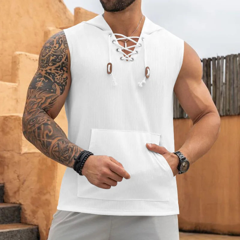 Hooded Sleeveless Lace-up Vest ﻿