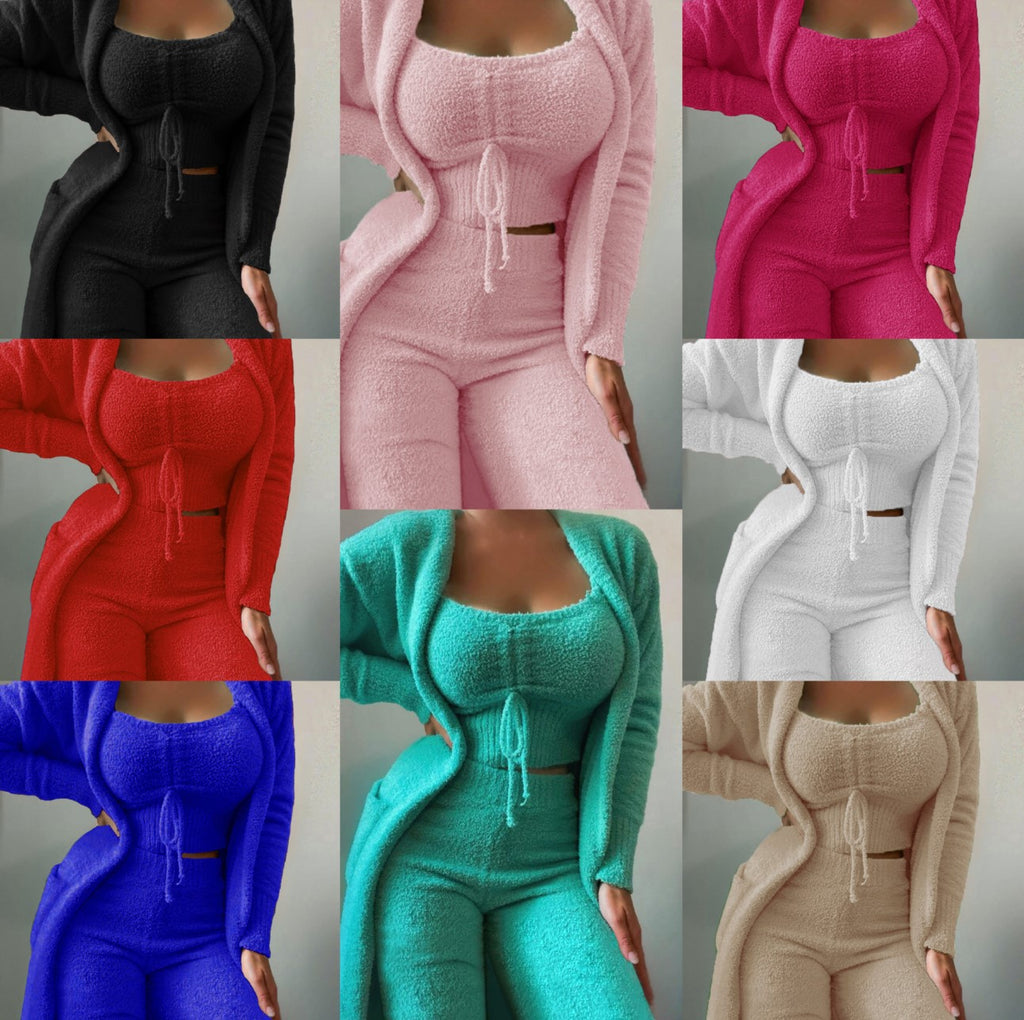 Casual Plush Lace-up Cardigan 3pcs Pantsuits