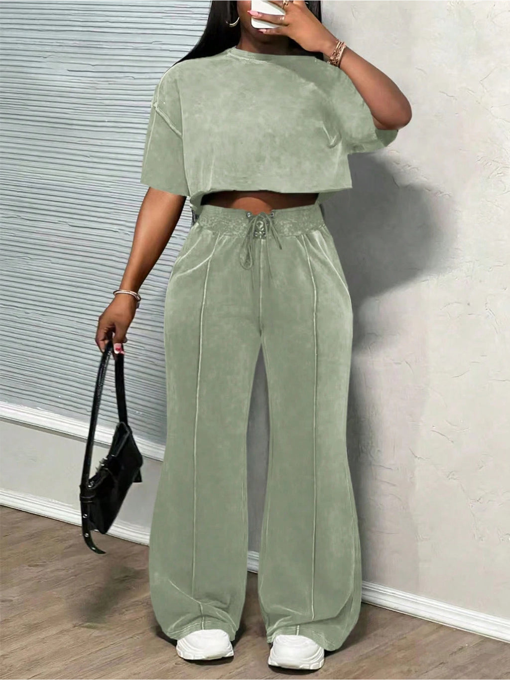 Short Sleeve Crop Top Drawstring Wide-Leg Pants Set